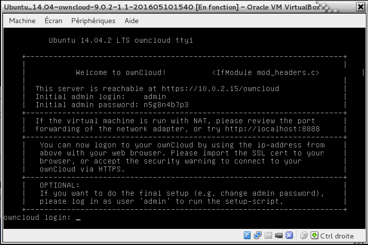 Copie d'écran de la console Ubuntu d'une nouvelle machine virtuelle.