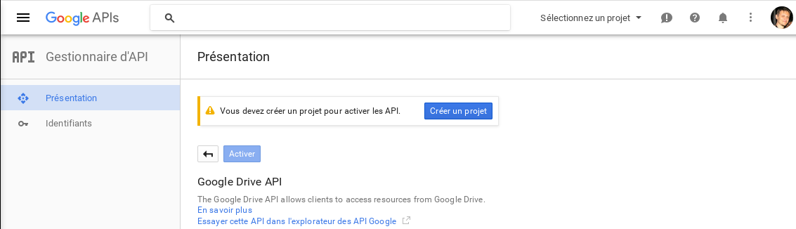Écran de l'application Google Drive « Créer un projet ».