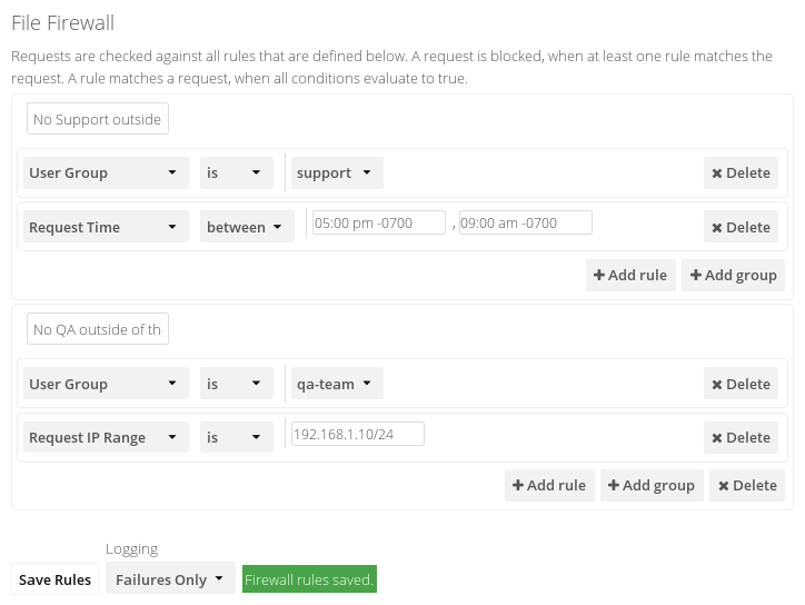 Two example rules that restrict logins per user group.