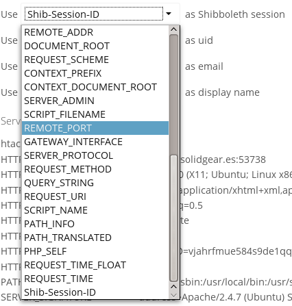 Dropdowns for mapping Shibboleth environment configuration variables to ownCloud user attributes.