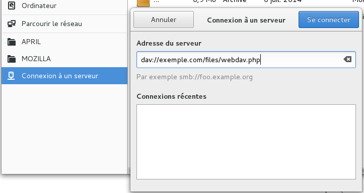 Copie d'écran du gestionnaire de fichiers Nautilus pour utiliser WebDAV