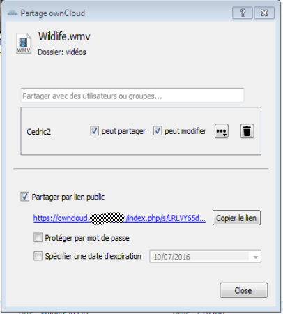 Dialogue de partage dans Windows Explorer.